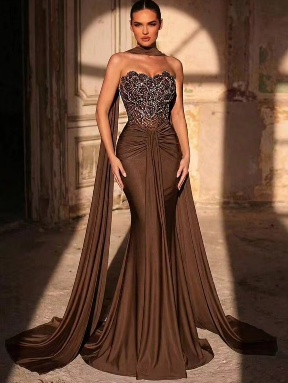 SHEIN Strapless Brown Embellished Gown